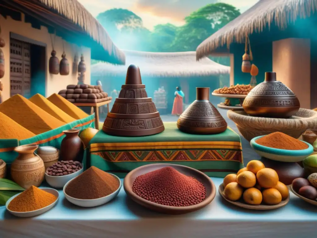 Escena vibrante de mercado en la civilización maya con productos de cacao, joyería inspirada en cacao y arquitectura maya