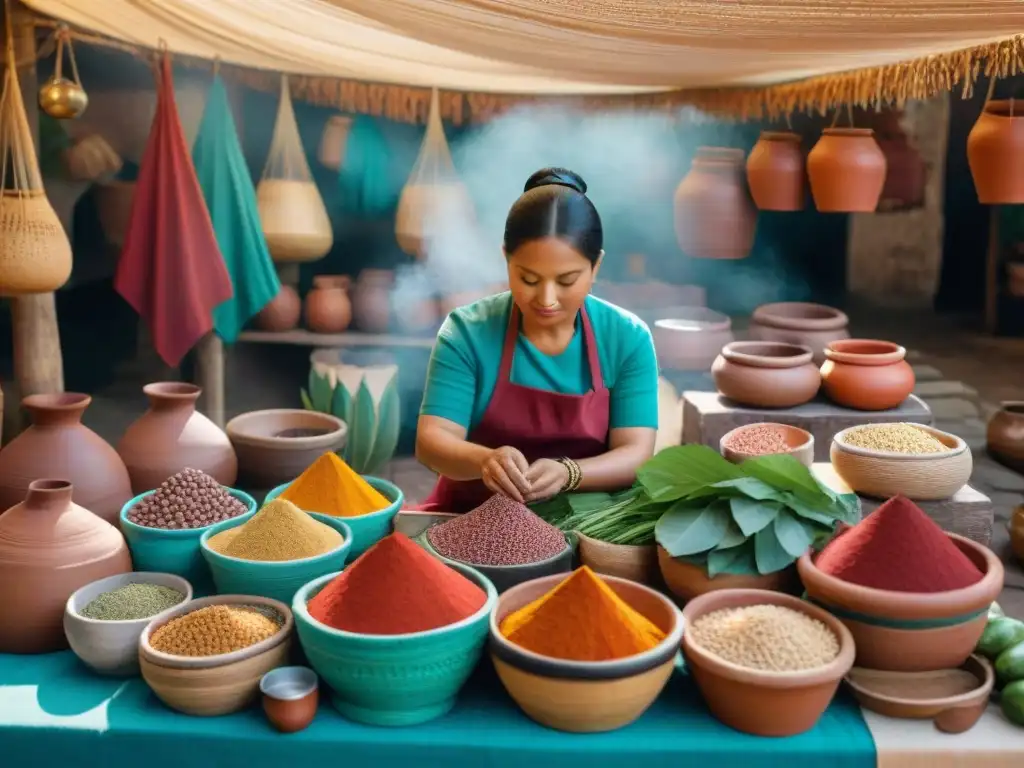 Escena vibrante en mercado maya con especias coloridas y vendedores interactuando