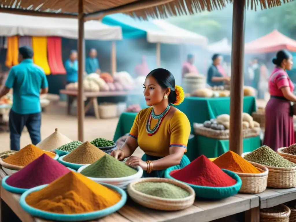 Escena vibrante en mercado maya con mujeres indígenas y especias