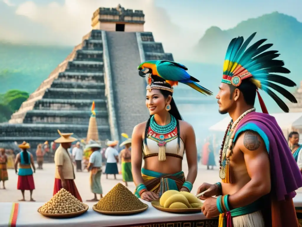 Escena vibrante de mercado maya con intercambios transoceánicos entre civilizaciones