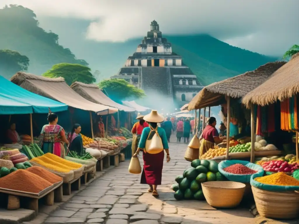 Escena vibrante en un mercado maya tradicional, con vendedores indígenas y clientes entre ruinas y vegetación exuberante