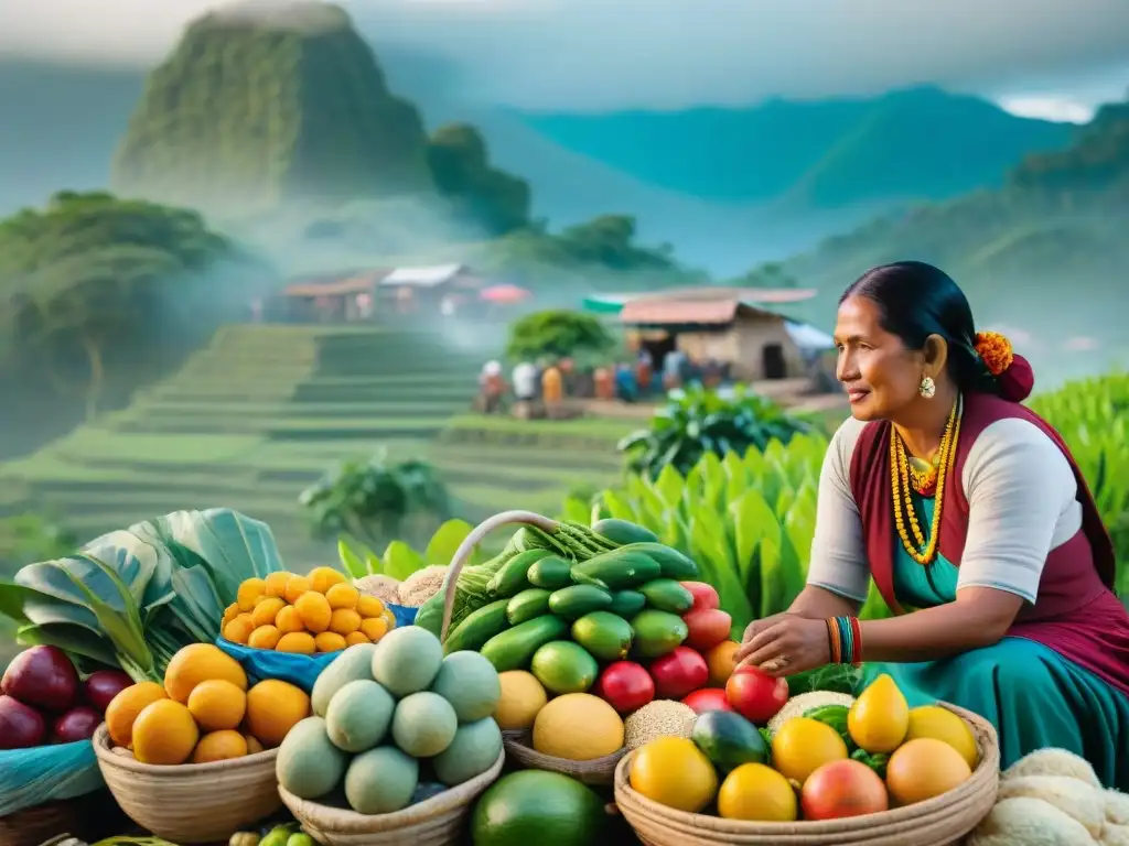 Escena vibrante de mercado maya con diversidad agrícola, economía y cultura local