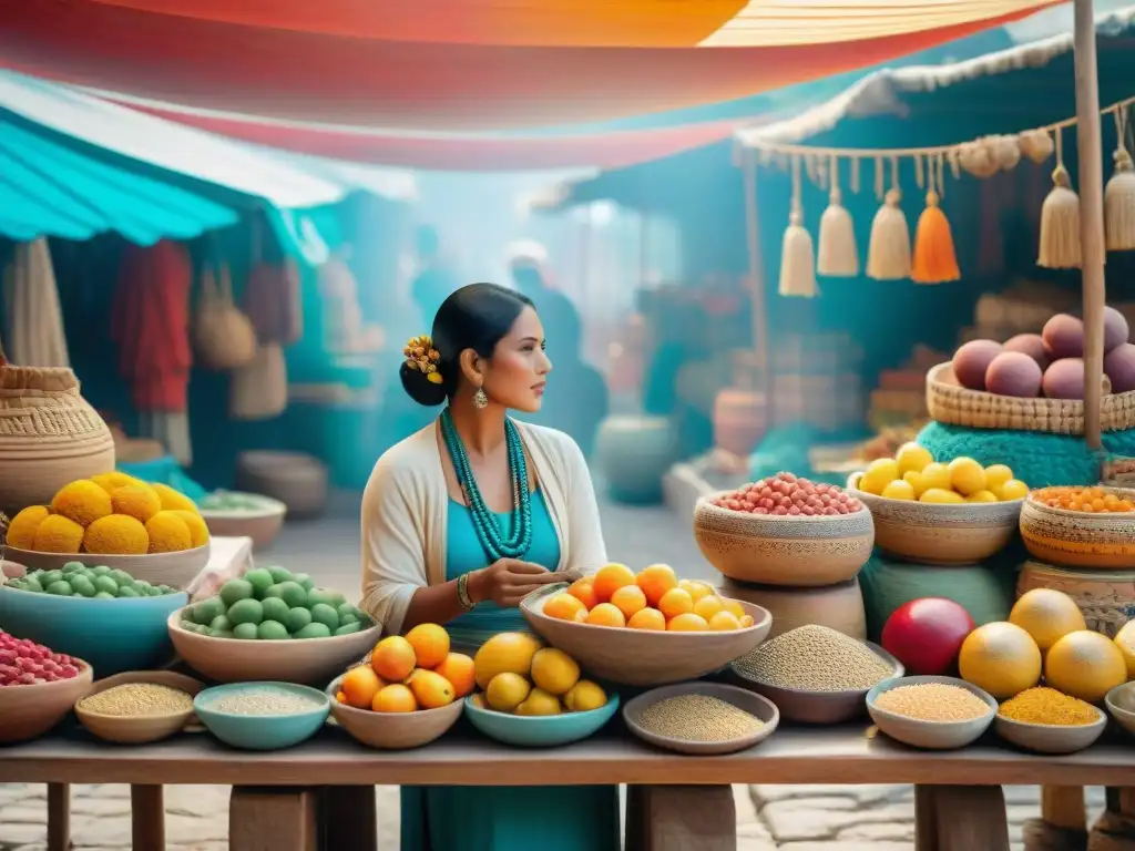 Escena vibrante de mercado maya: mujeres emprendedoras en el comercio, exhibiendo textiles, frutas y cerámica con autoridad y sofisticación