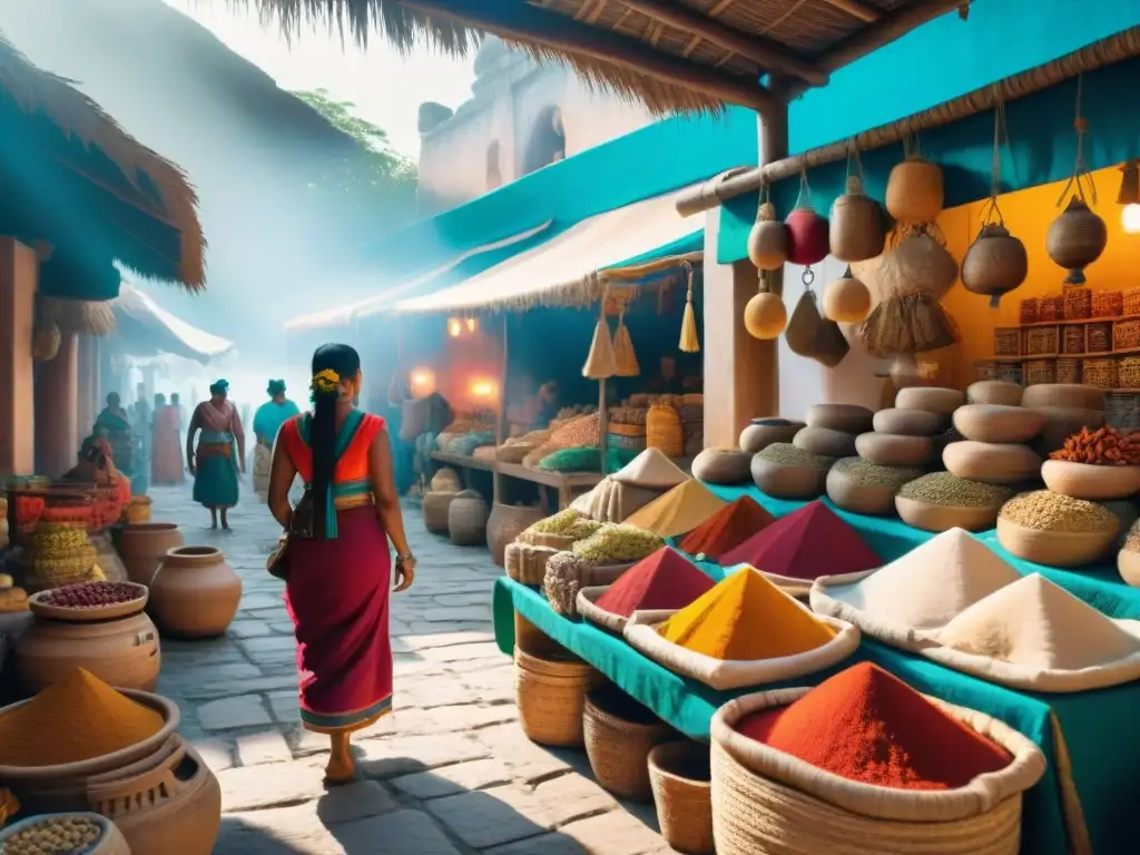 Escena vibrante de mercado maya con especias coloridas en cestas y frascos