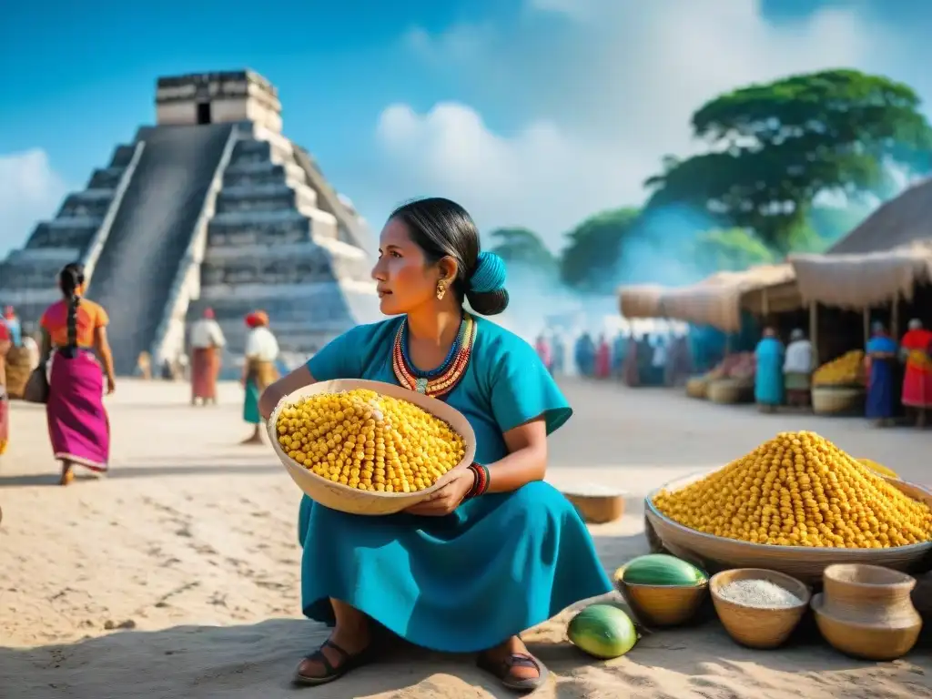 Escena vibrante en un mercado maya con maíz colorido