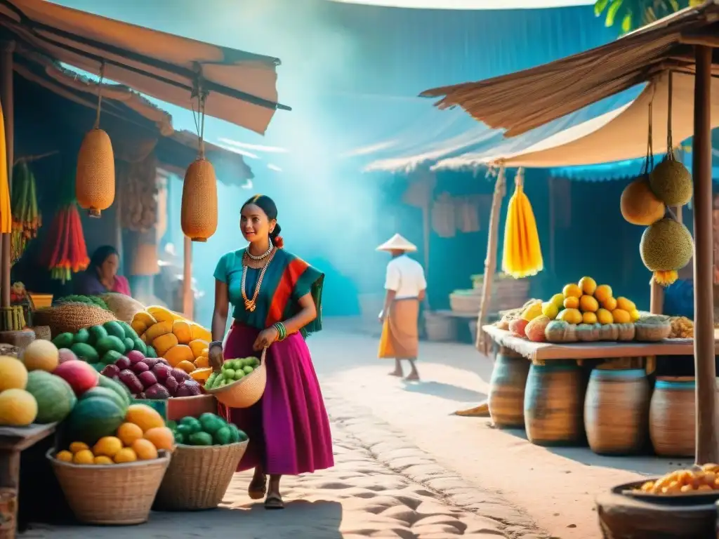 Mercado Maya: Colorida escena tradicional llena de vida Escena vibrante en un mercado Maya, con vendedores locales en trajes tradicionales coloridos intercambiando productos bajo el cálido sol