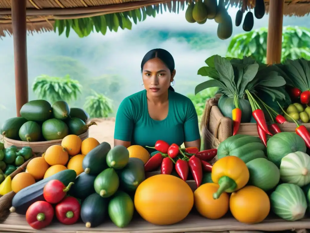 Escena vibrante de mercado maya con frutas y verduras coloridas en puestos de madera