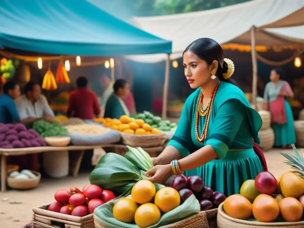 Escena vibrante en mercado maya con sabores ancestrales y artesanías coloridas