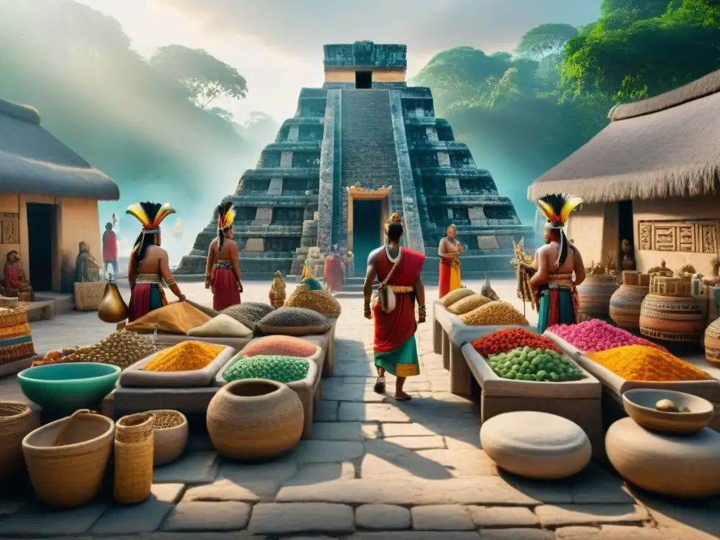 Mercado maya: intercambio cultural y comercio vibrante Escena vibrante de mercado en civilización maya con influencia extranjera, intercambiando bienes exóticos