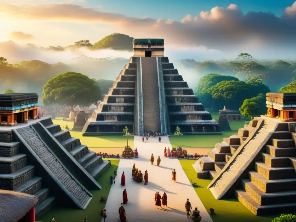Mercado maya: escena vibrante de intercambio cultural y comercio exótico Escena vibrante de mercado en civilización maya con influencia extranjera, comerciantes y pirámide al fondo