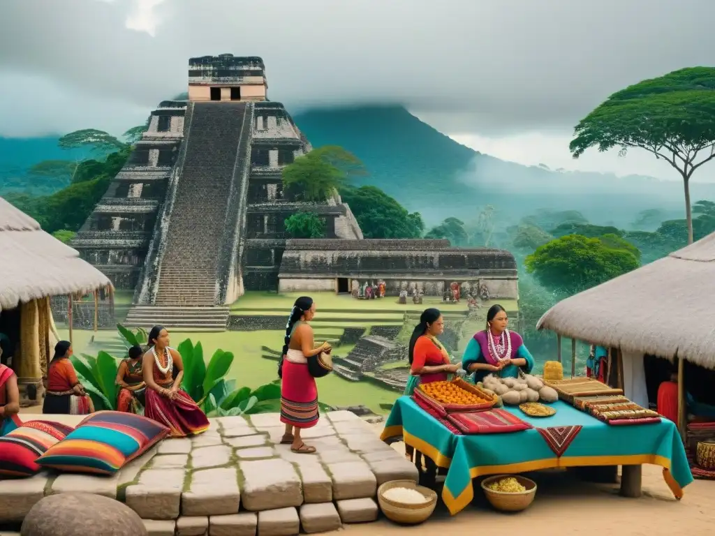 Escena vibrante de un mercado en la civilización Maya, con producción de algodón en sociedad maya