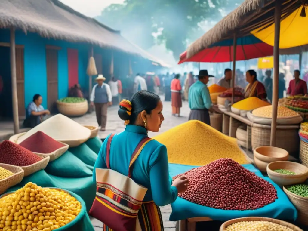 Escena vibrante de mercado maya con maíz colorido en variedades azul, rojo y amarillo