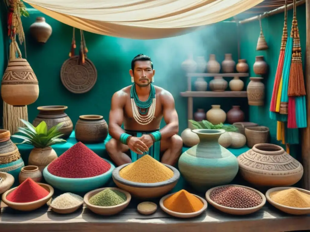 Escena vibrante de un mercado maya con textiles, cerámica y especias en puestos de madera