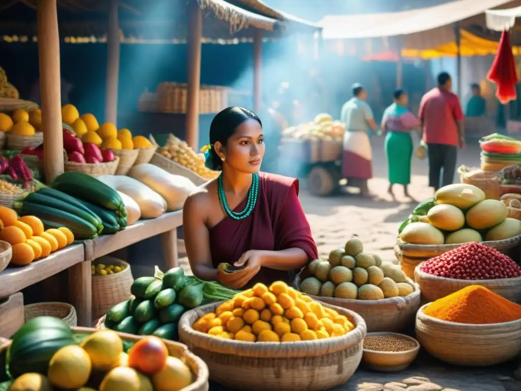 Escena vibrante de un mercado Maya antiguo con vendedores y alimentos coloridos, reflejando la dieta diaria Maya antiguo