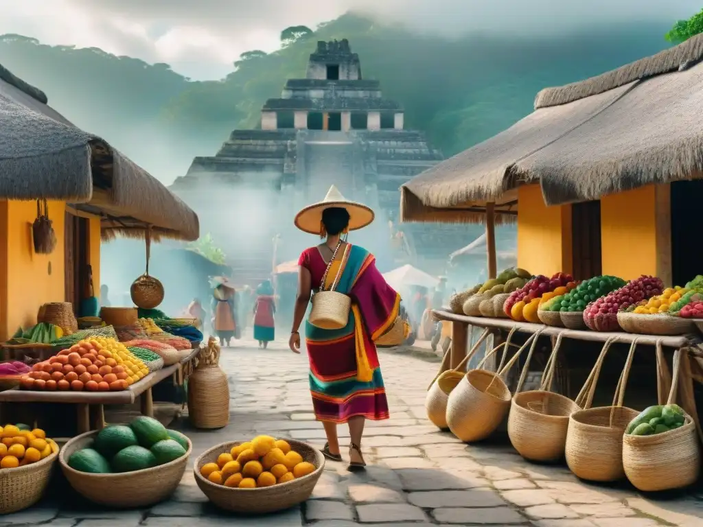 Escena vibrante de un mercado maya con textiles coloridos y frutas frescas