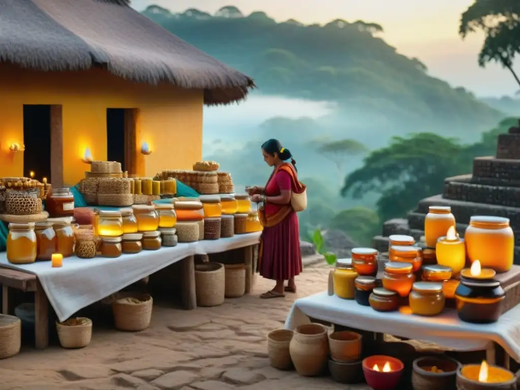 Escena vibrante en mercado maya con productos de miel tradicionales