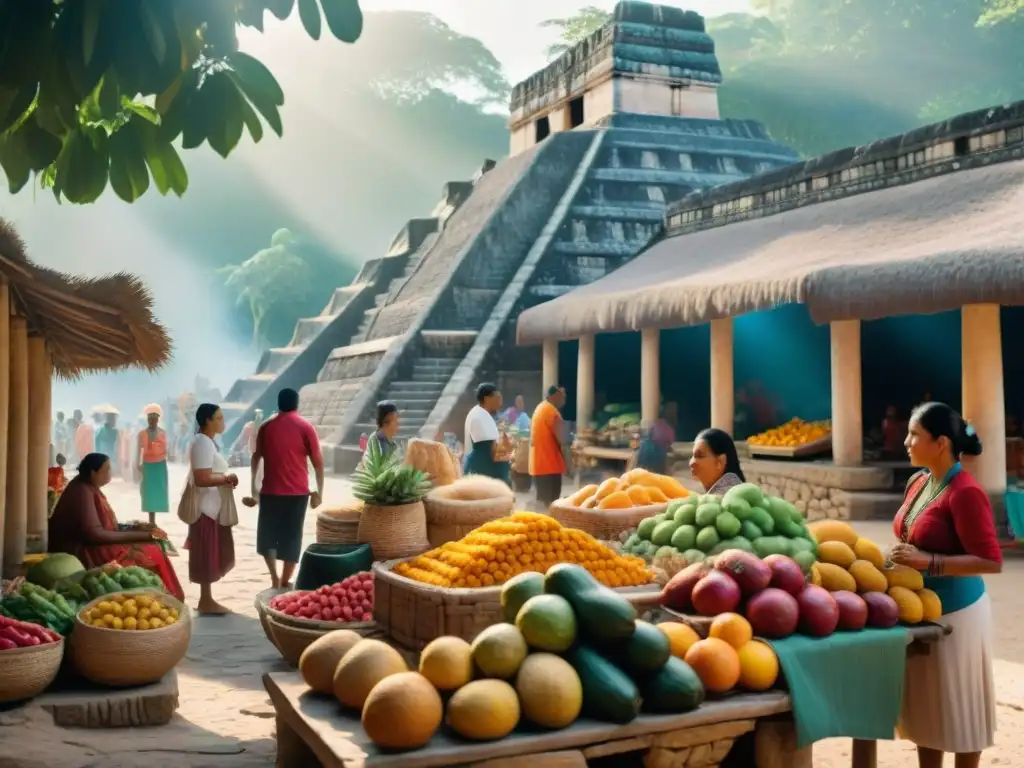 Escena vibrante de mercado maya con prácticas comerciales y agrícolas mayas fusionando pasado y presente en una atmósfera cultural única