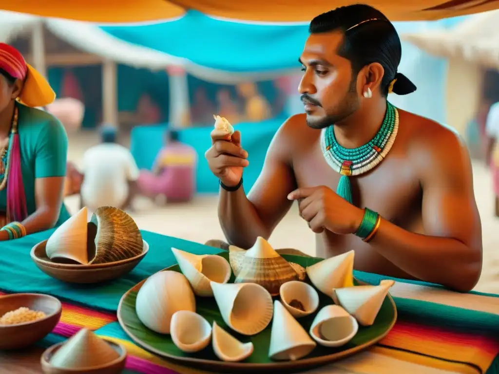 Escena vibrante de mercado maya con intercambio de conchas marinas, destacando diversidad cultural y uso de conchas marinas mayas