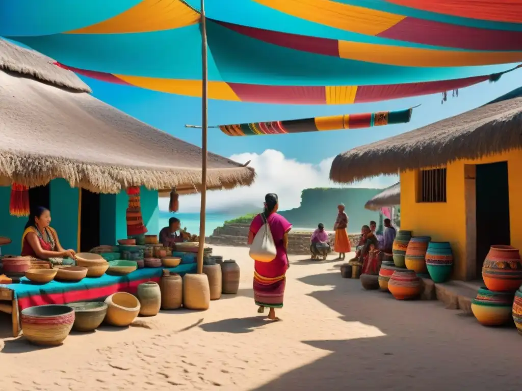 Una escena vibrante de un mercado maya con textiles tejidos, alfarería colorida y actividad bulliciosa