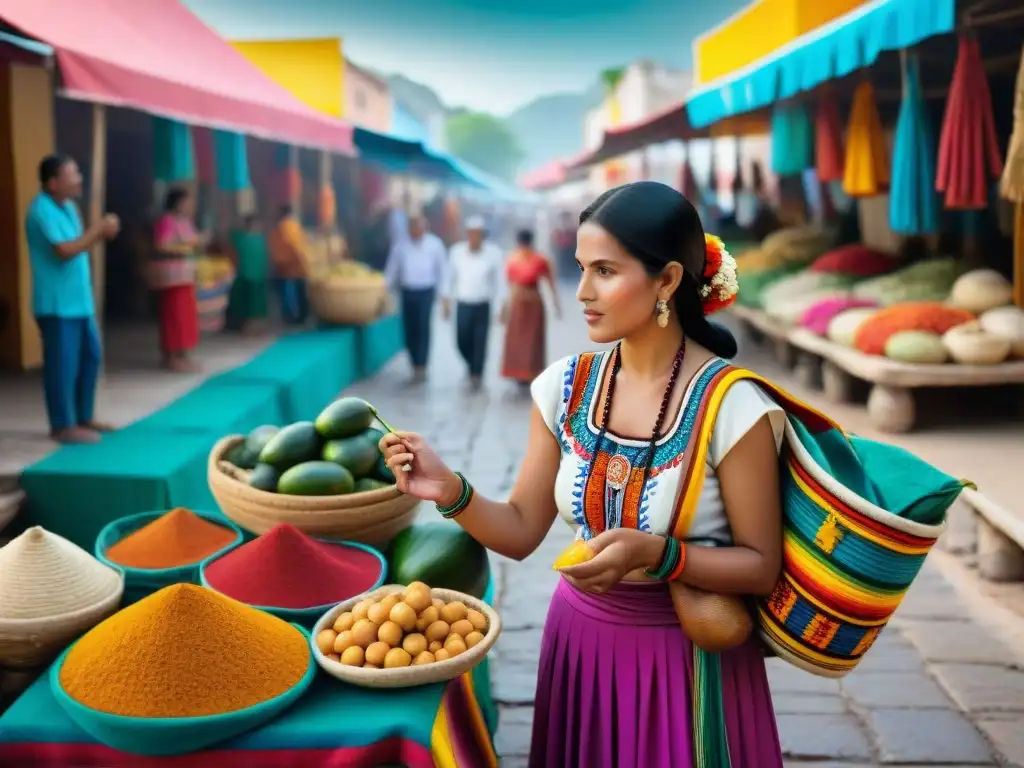 Escena vibrante de mercado en Yucatán, México, reflejando el multilingüismo en la Península Yucatán