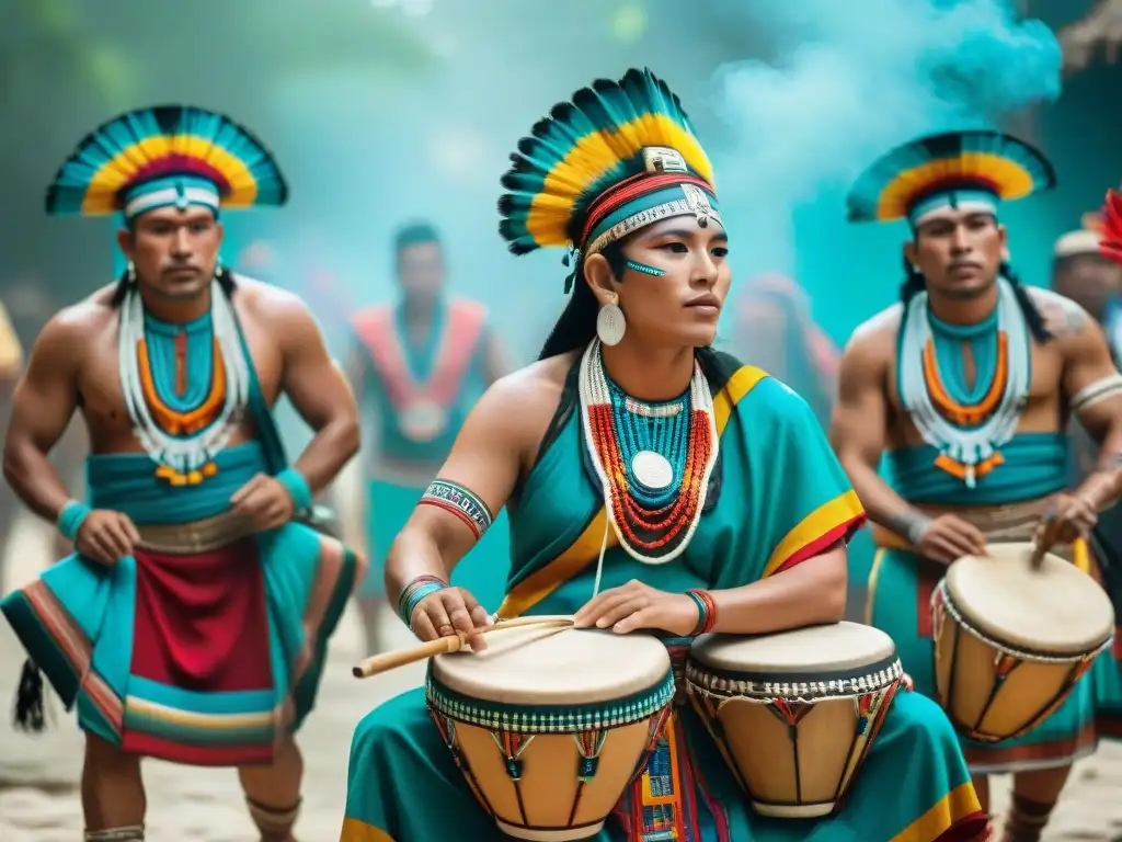 Escena vibrante de músicos mayas tocando instrumentos antiguos en una ceremonia colorida