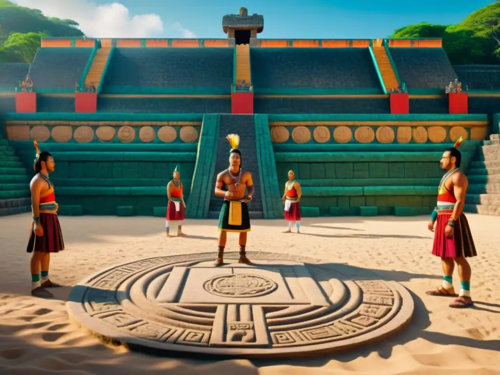 Escena viva del Juego de Pelota civilización maya: jugadores en acción, colores vibrantes, arquitectura antigua y público animado