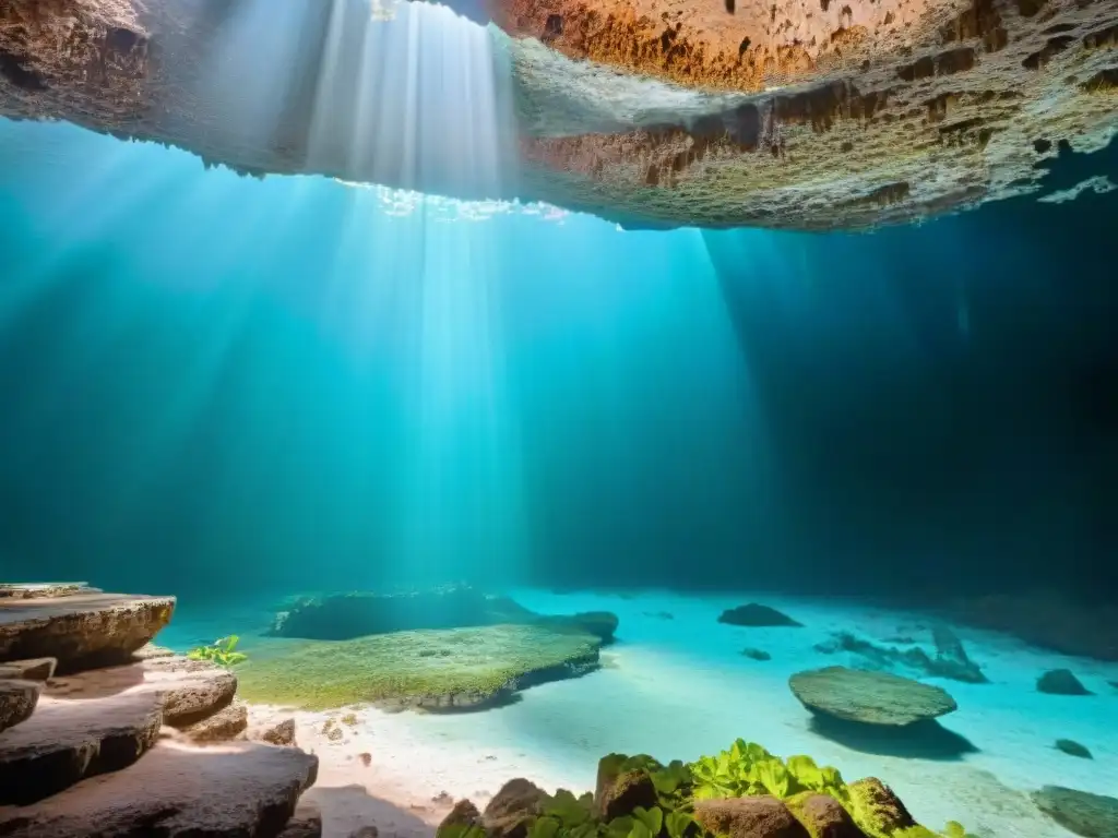 Escenario mágico: formaciones rocosas, agua cristalina y luz solar en cenote maya