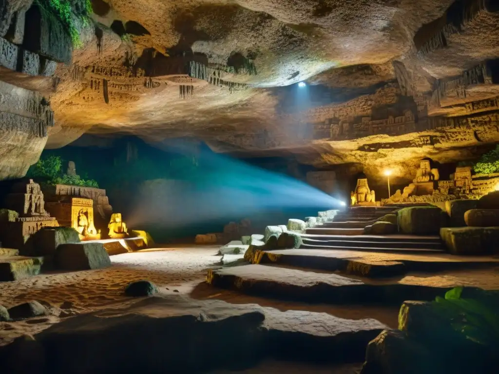 Escenas de la mitología ancestral Xibalbá en una cueva subterránea iluminada, revelando secretos antiguos en la selva maya