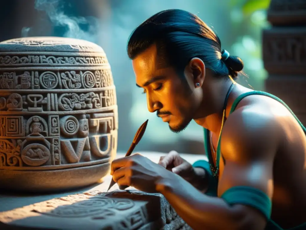 Un escriba maya esculpiendo glifos en piedra en talleres interactivos escritura maya