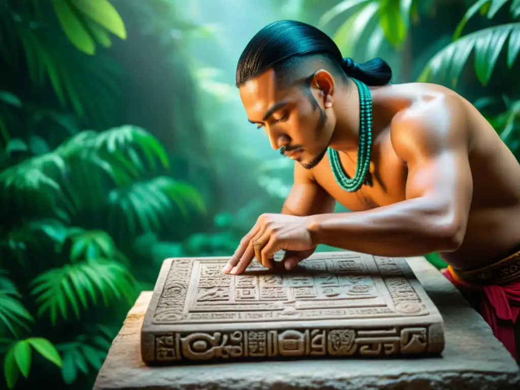 Un escriba maya tallando glifos en una piedra, inmerso en la selva vibrante: exploración de la cultura maya