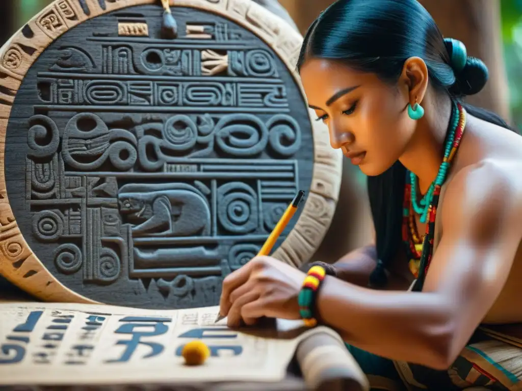 Un escriba maya moderno meticuloso inscribiendo glifos en papel de corteza, rodeado de herramientas tradicionales