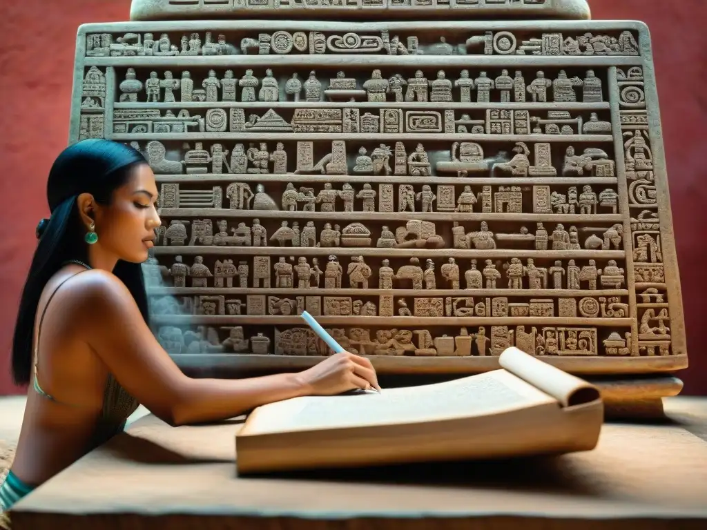 Un escriba maya grabando detalladamente en un papiro en un animado mercado, destacando la enseñanza escritura en civilización maya