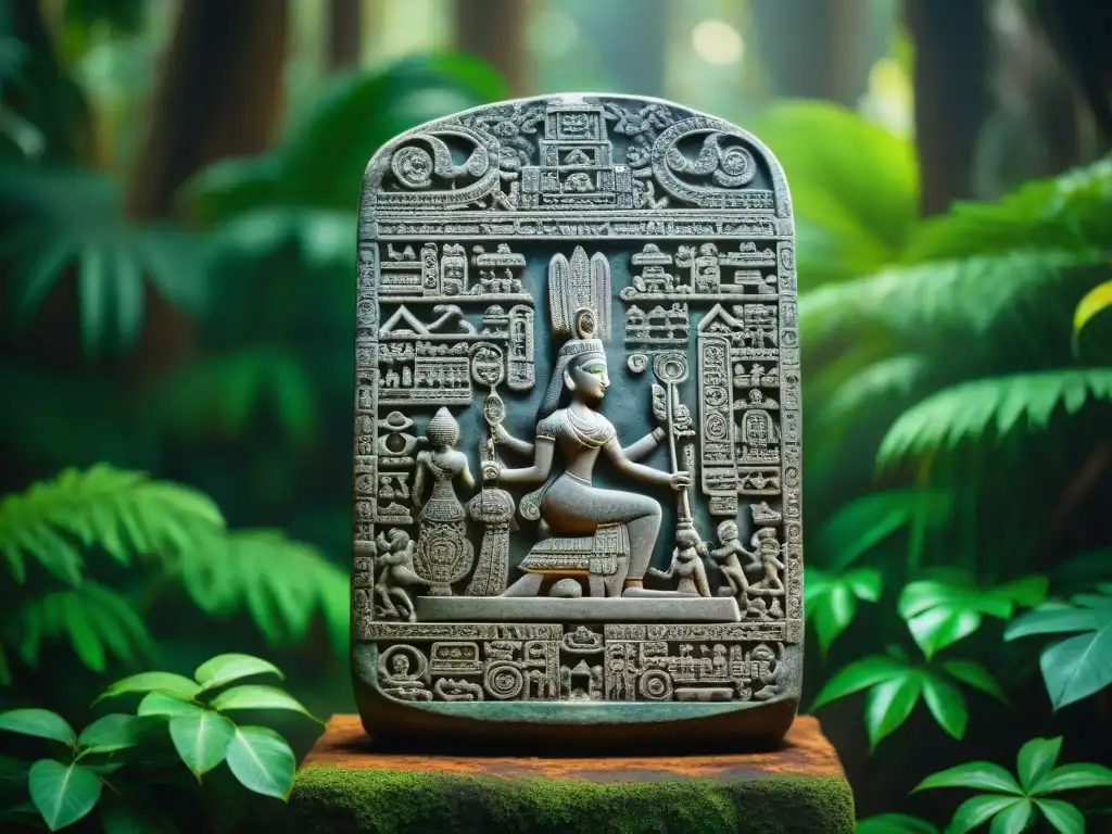 Escritura maya: estética y significado en una estela antigua, con hermosos glifos tallados y una atmósfera de misterio en la selva