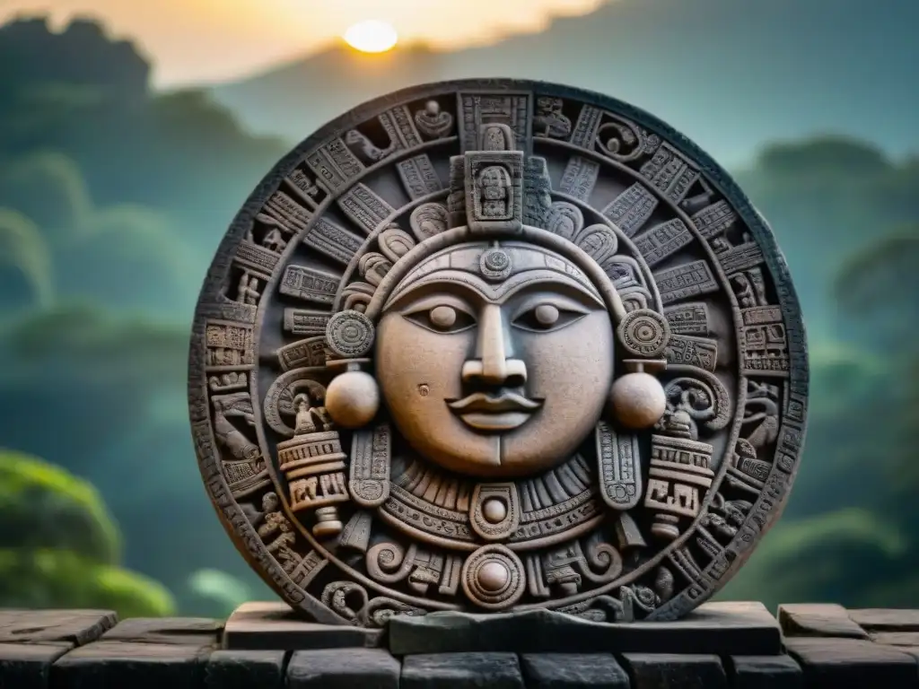 Esculpura detallada en piedra en Copán muestra sacerdotes mayas observando un eclipse solar, con el sol parcialmente eclipsado por la luna