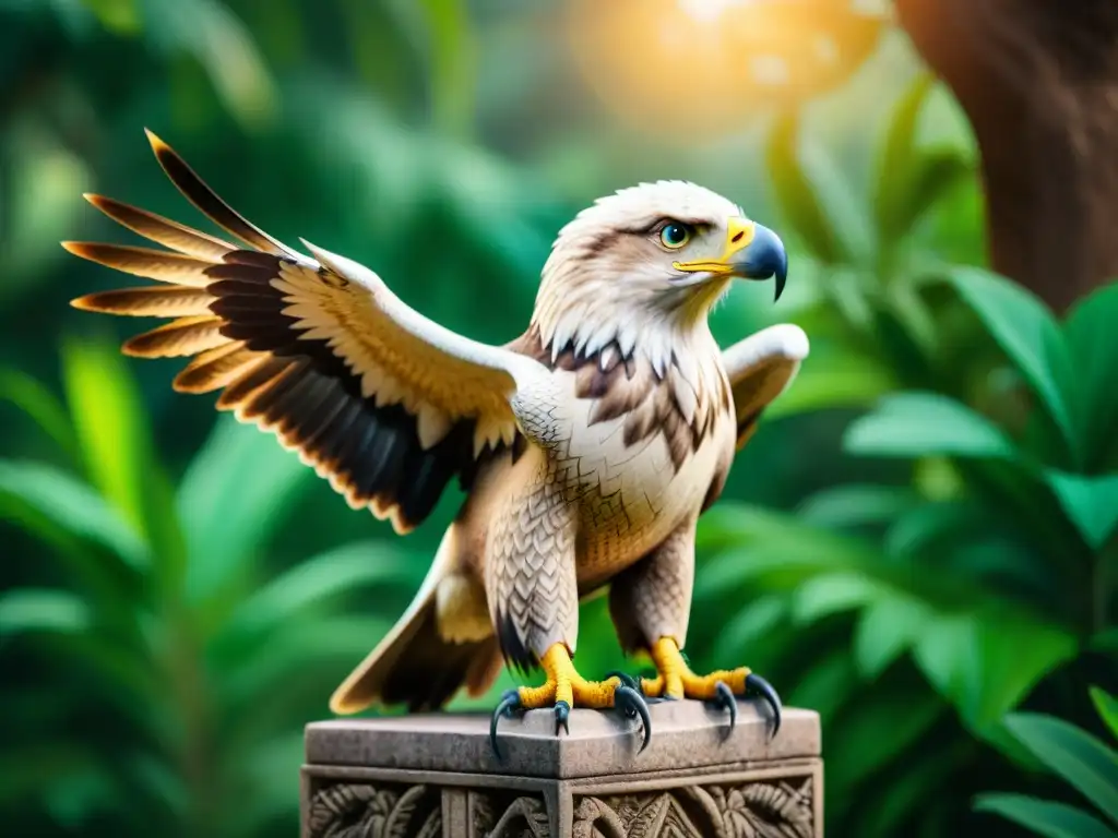 Esculpura de águila y serpiente en piedra, símbolos de poder y libertad en la cultura maya, en la selva tropical