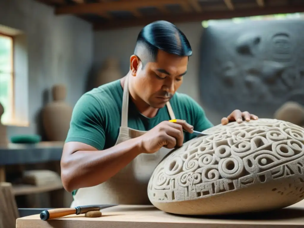 Un escultor maya contemporáneo esculpe una escultura de piedra con técnicas escultura maya olmecas, fusionando lo antiguo y lo moderno