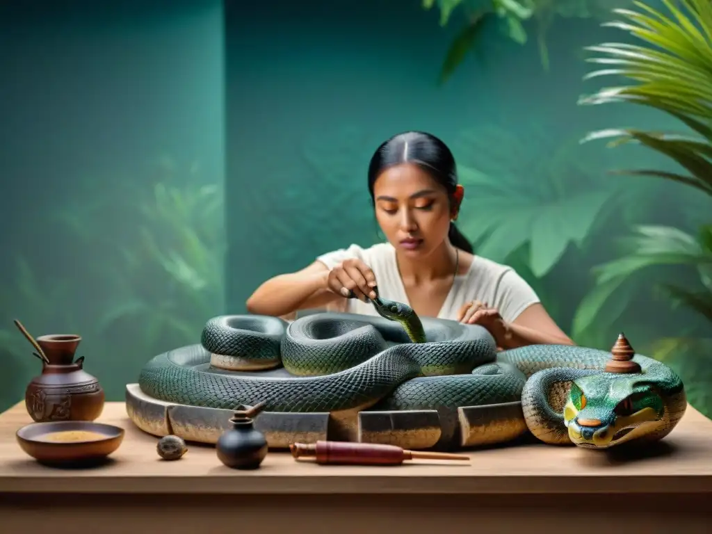 Escultor maya tallando una serpiente en panteón maya con herramientas tradicionales