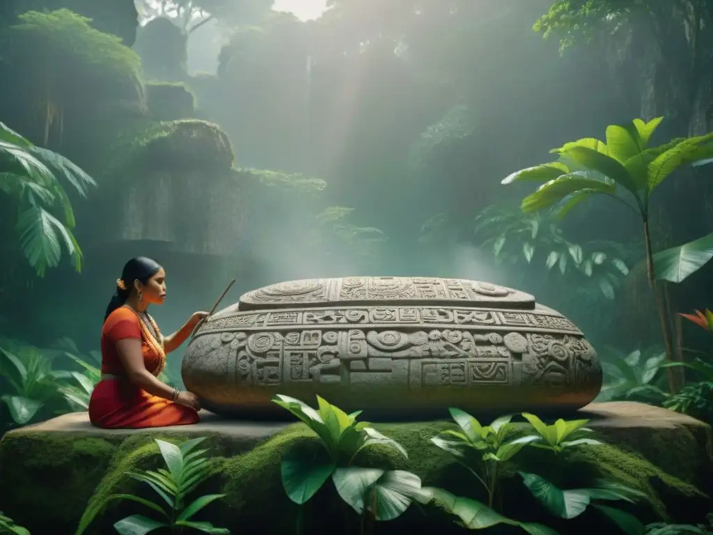 Escultor maya talla una escultura de piedra con influencia olmeca en la jungla