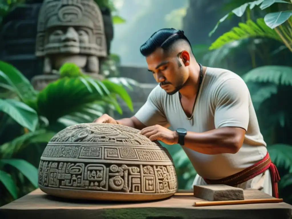 Un escultor maya utiliza técnicas olmecas para tallar una escultura detallada en piedra en la selva