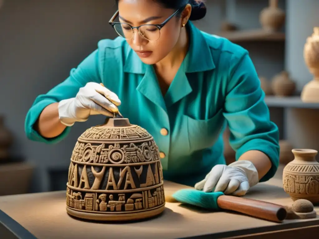 Conservación de escultura cerámica maya: Conservador limpiando con detalle una obra de arte maya