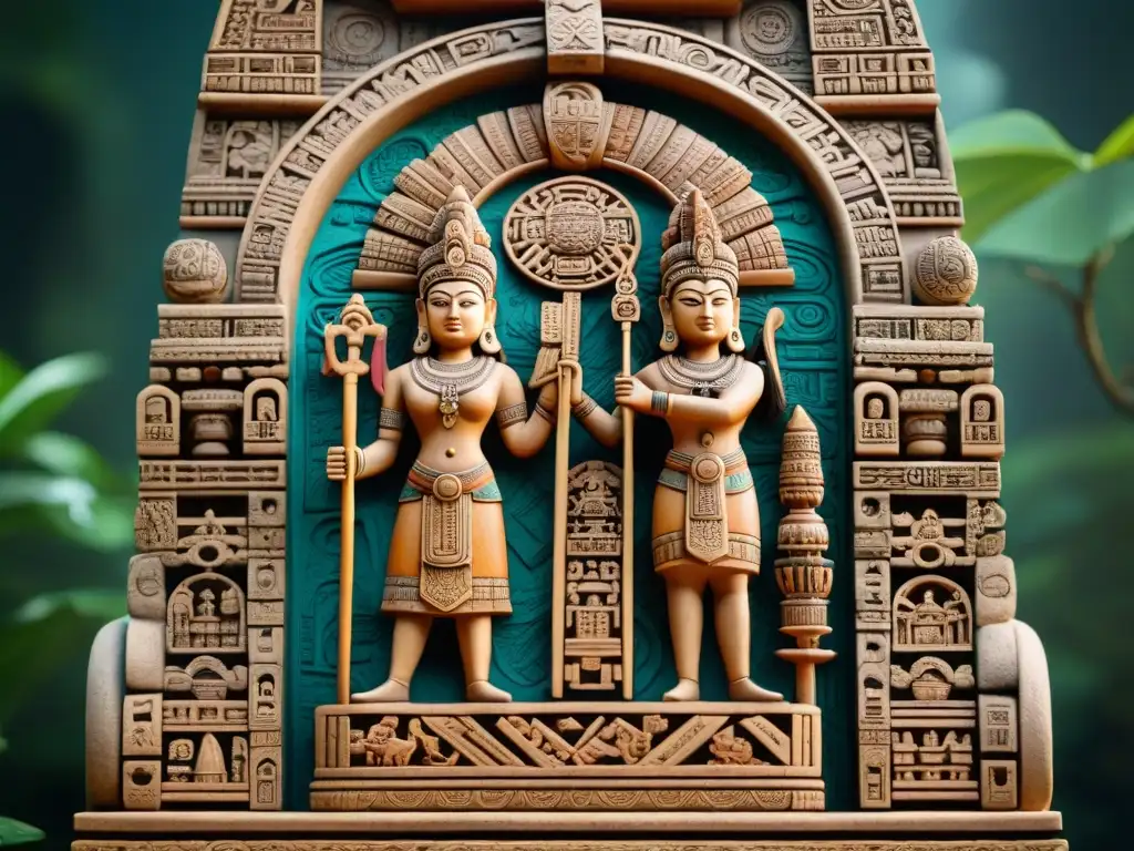 Escultura maya de Ixpiyacoc e Ixmucané, Abuelos de la Creación Escultura detallada de los Abuelos Creadores en la mitología maya, representando a Ixpiyacoc y Ixmucané con símbolos sagrados y vestimenta tradicional
