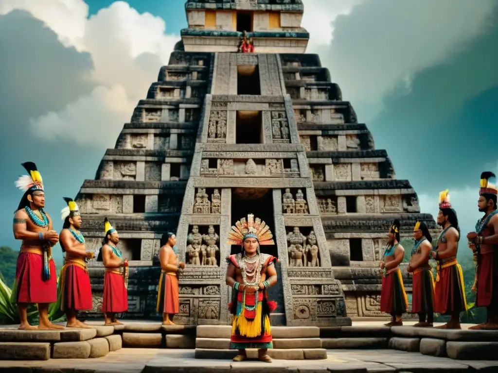 Escultura detallada de una boda maya, con líderes unidos en matrimonio y estrategias diplomáticas mayas en un templo majestuoso