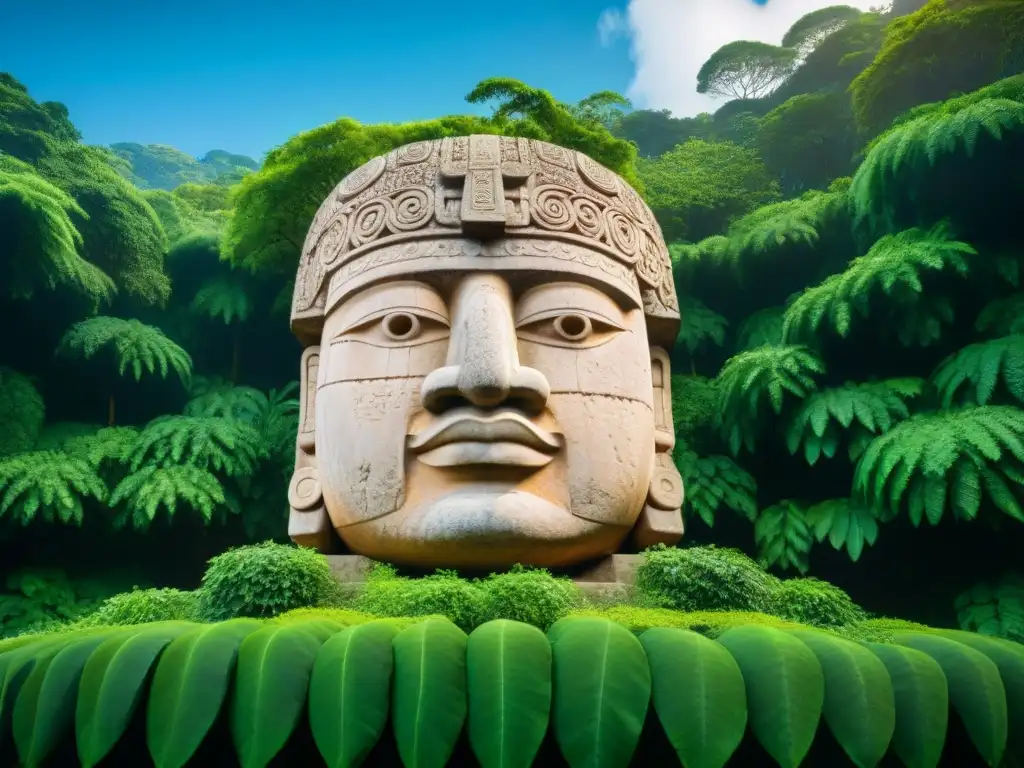 Escultura detallada de una cabeza olmeca con influencia olmeca en mitología maya, rodeada de exuberante selva mesoamericana