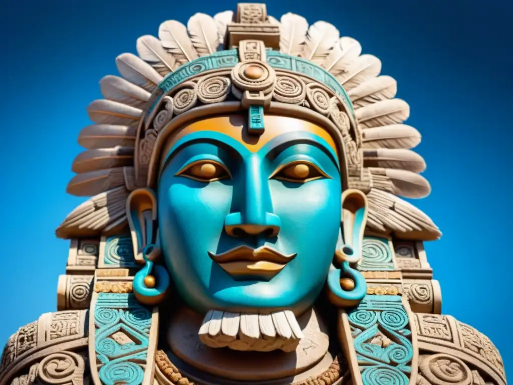 Escultura detallada del dios maya Kukulkan bajo el cielo azul vibrante