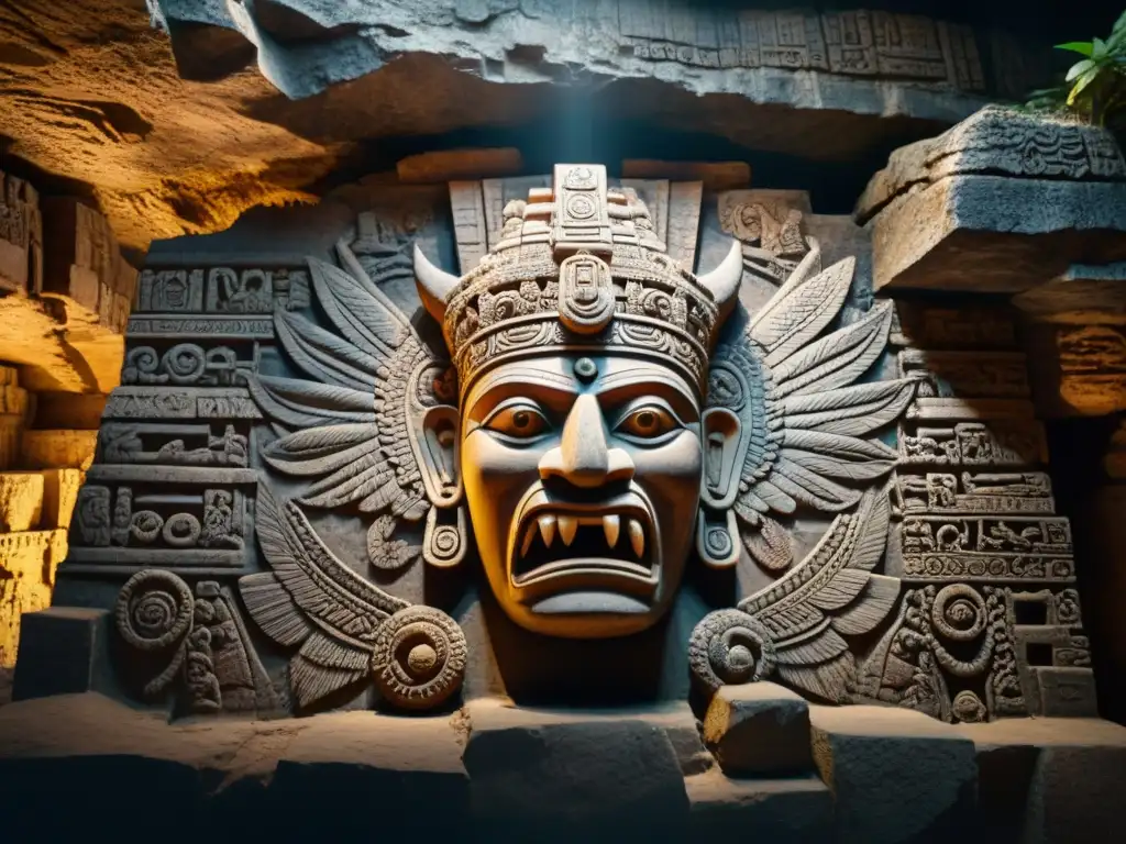 Escultura detallada del Dios murciélago cultura maya Camazotz en una cueva oscura con luz de antorchas, fangs afilados y alas desplegadas