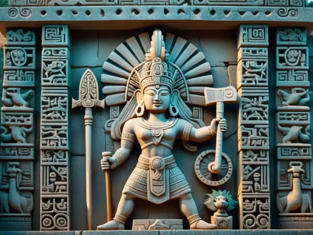 Escultura detallada del dios Chaac en un templo maya, simbolizando la importancia de Chaac en cultura Maya