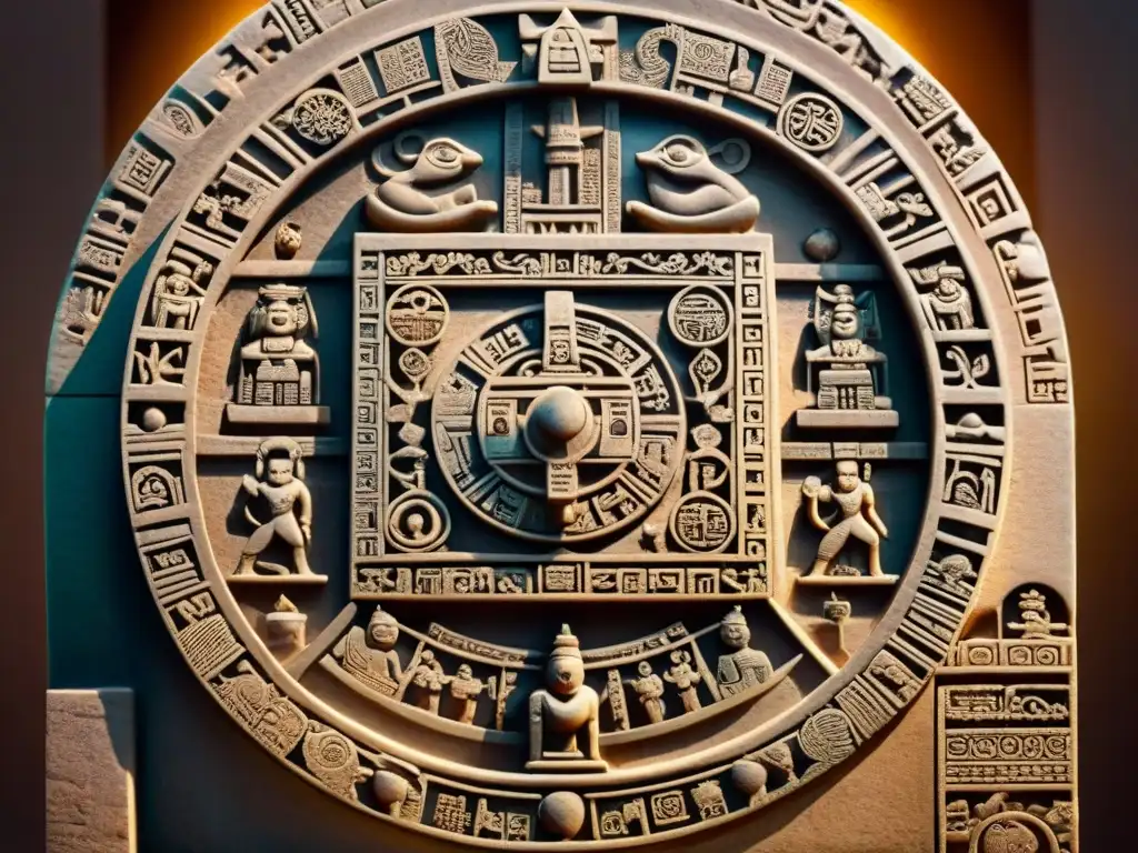 Escultura detallada de dioses mayas alrededor de un calendario de piedra, simbolizando la conexión divina