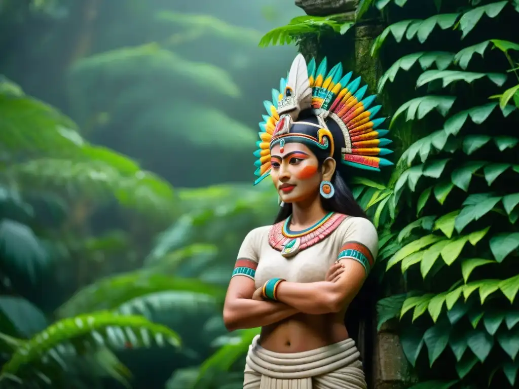 Escultura detallada de Guardianes Divinos en templo maya, con expresiones poderosas y serenas en la selva