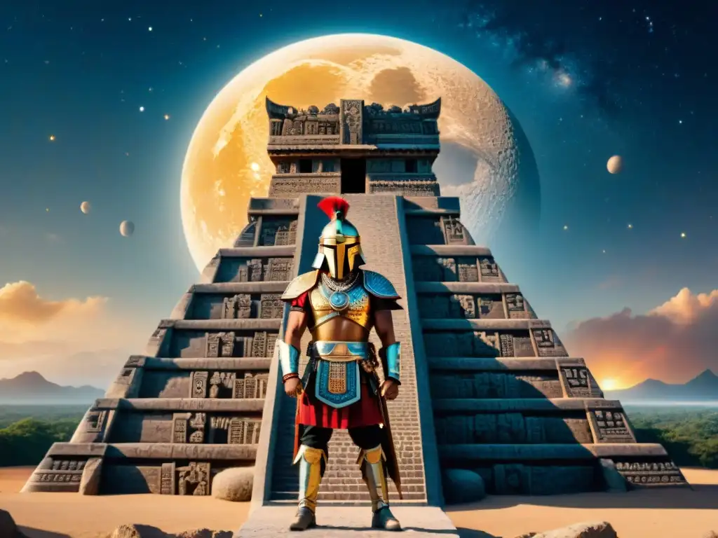 Escultura detallada de guerrero maya en armadura ceremonial, con motivos celestiales, en un campo de batalla