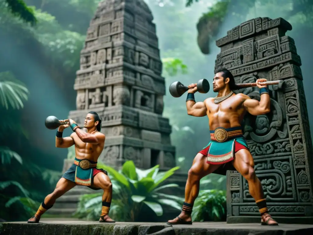 Escultura detallada de guerreros mayas practicando técnicas de fortalecimiento físico mental en la selva y ruinas antiguas